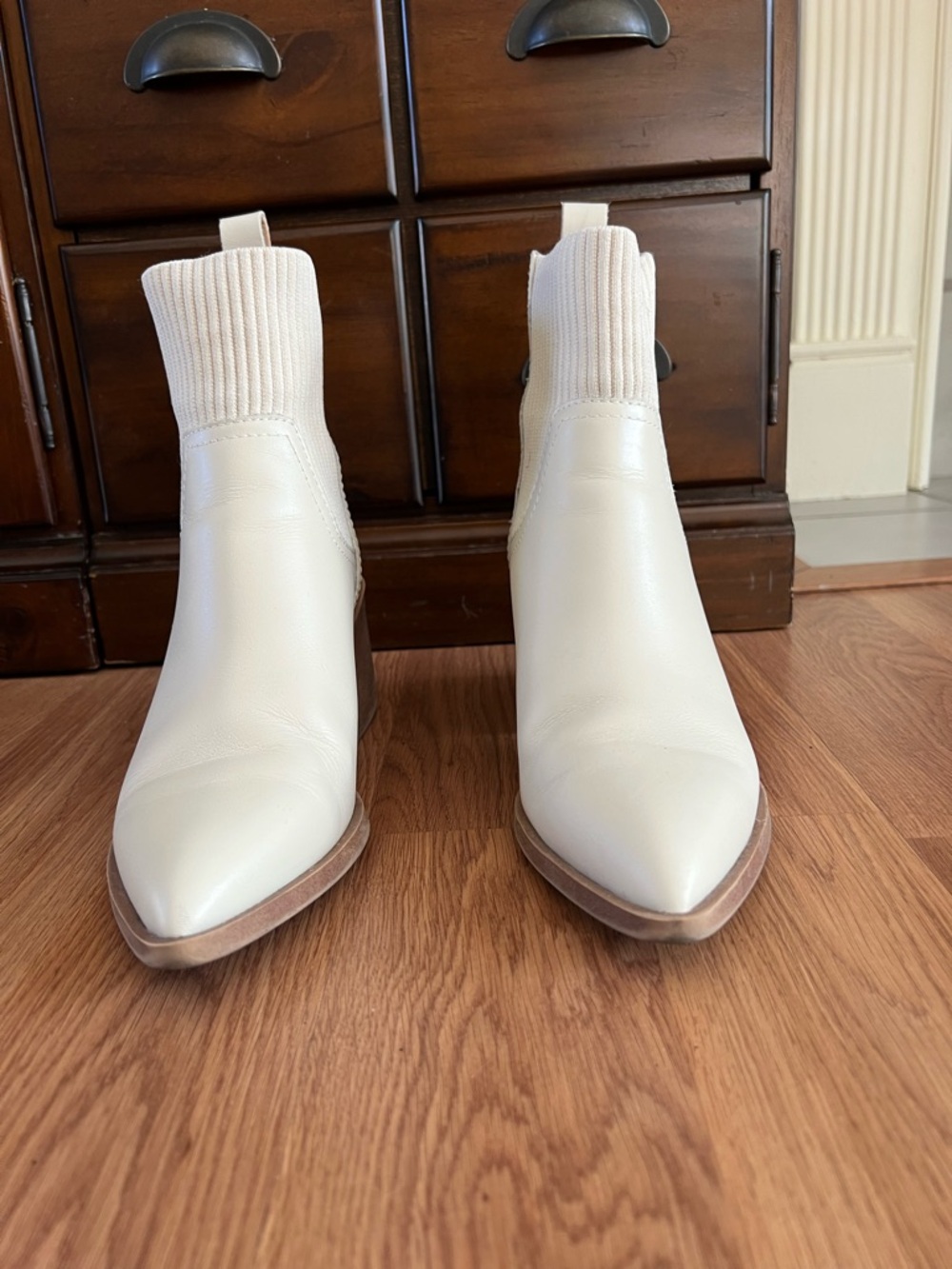 Steve Madden Cream Pointed Toe Sock-Style Ankle Boots